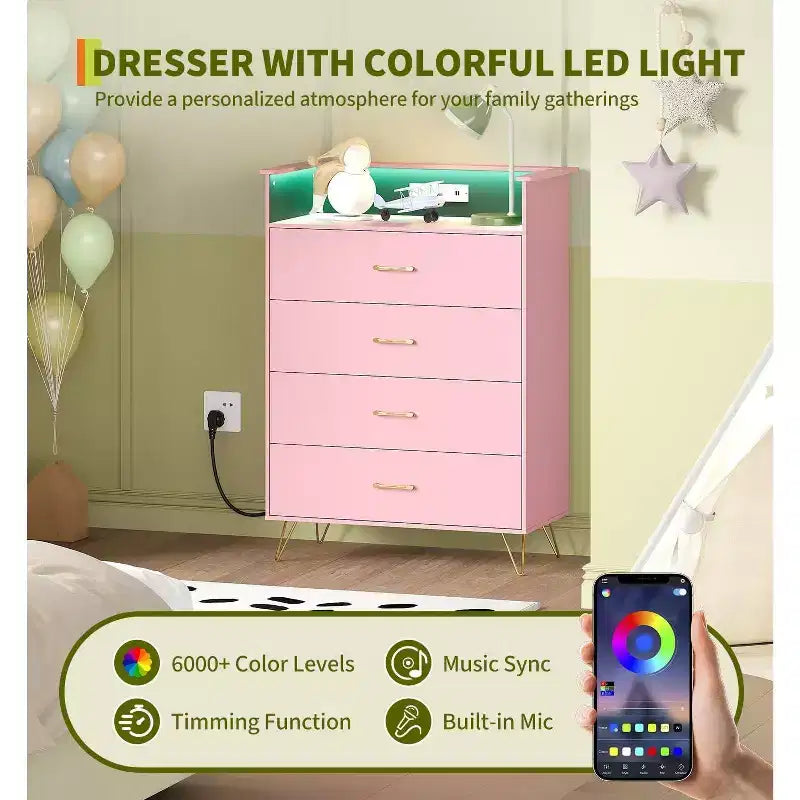 4-Drawer Dresser with Charging Station and App-Controlled Lighting