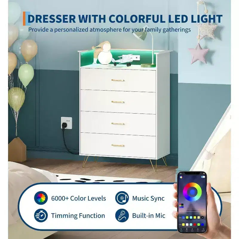 4-Drawer Dresser with Charging Station and App-Controlled Lighting