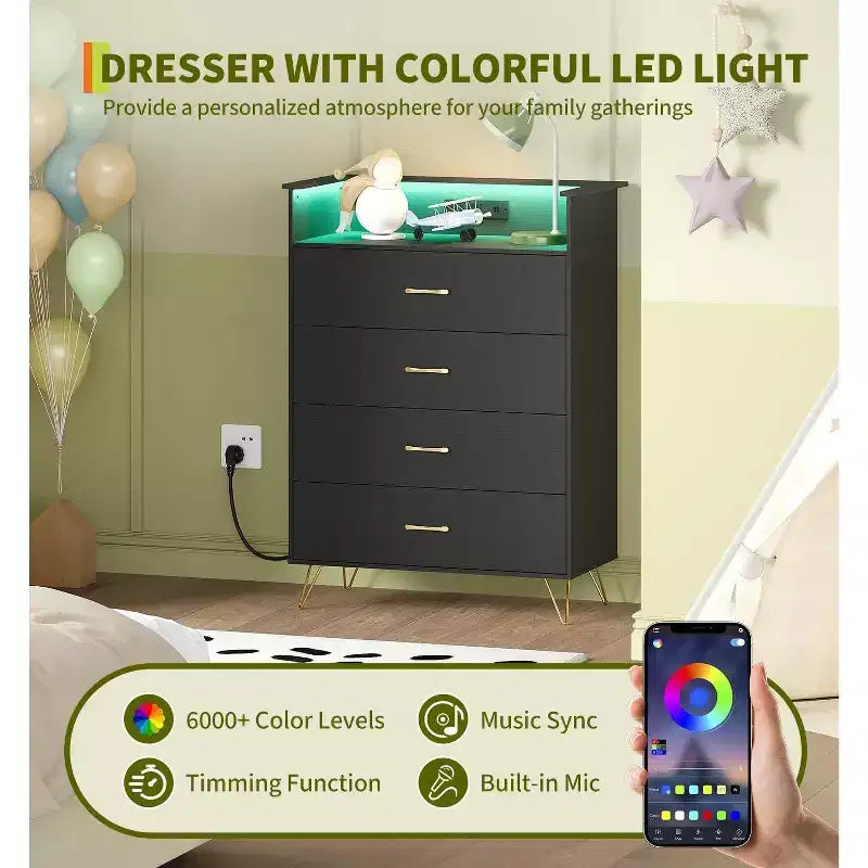 4-Drawer Dresser with Charging Station and App-Controlled Lighting