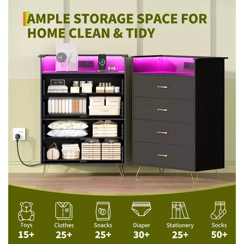 4-Drawer Dresser with Charging Station and App-Controlled Lighting