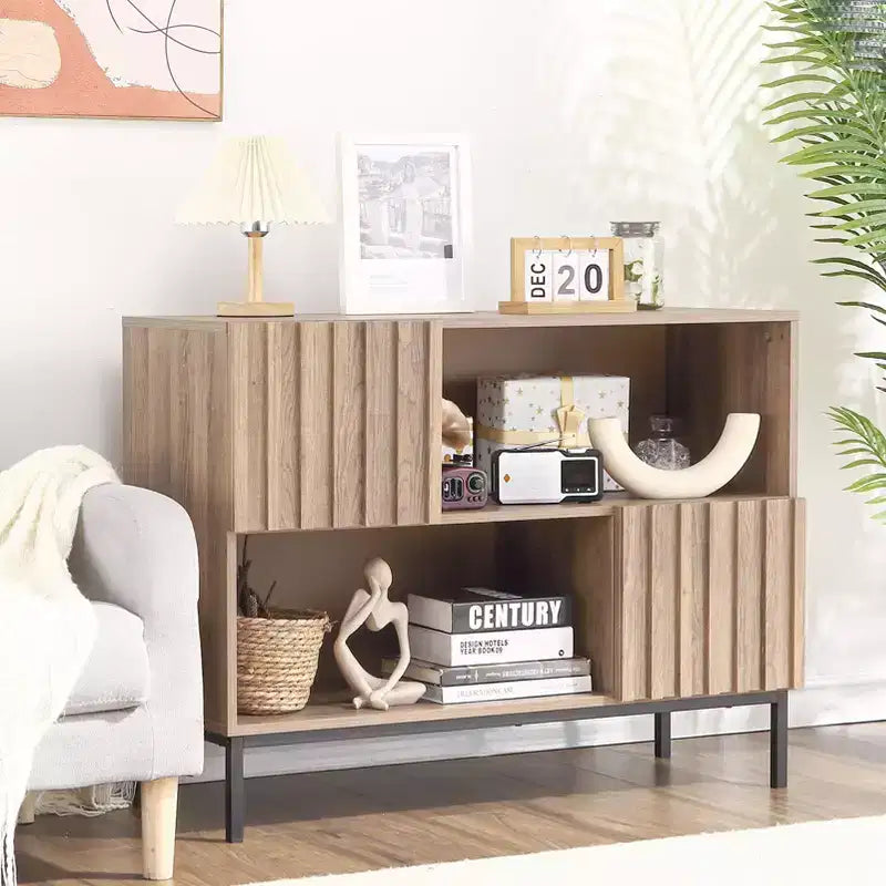 Farmhouse Entryway Table, Stylish Buffet Storage Cabinet with Display Shelf and Metal Legs, for Living Room, Hallway, Black+Oak