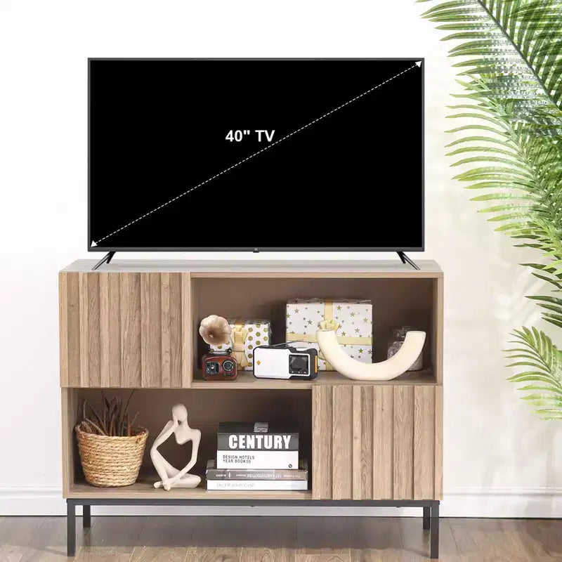 Farmhouse Entryway Table, Stylish Buffet Storage Cabinet with Display Shelf and Metal Legs, for Living Room, Hallway, Black+Oak