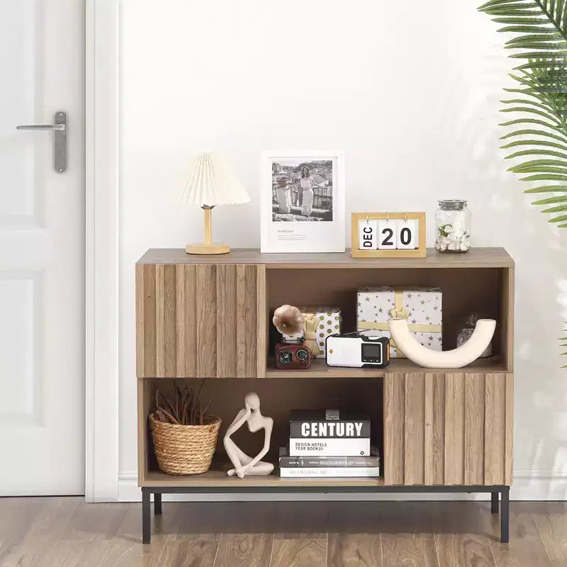 Farmhouse Entryway Table, Stylish Buffet Storage Cabinet with Display Shelf and Metal Legs, for Living Room, Hallway, Black+Oak