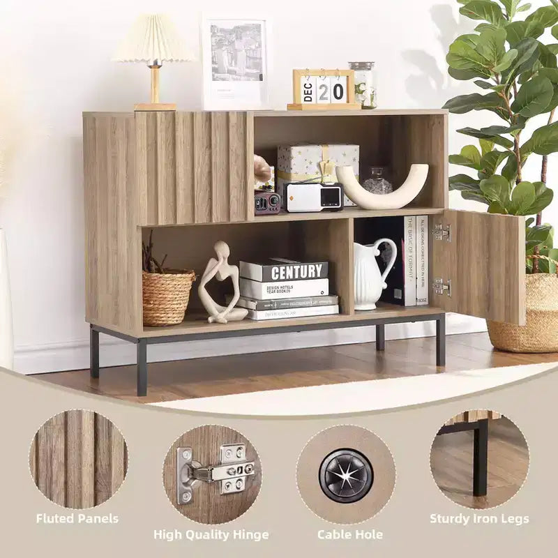 Farmhouse Entryway Table, Stylish Buffet Storage Cabinet with Display Shelf and Metal Legs, for Living Room, Hallway, Black+Oak