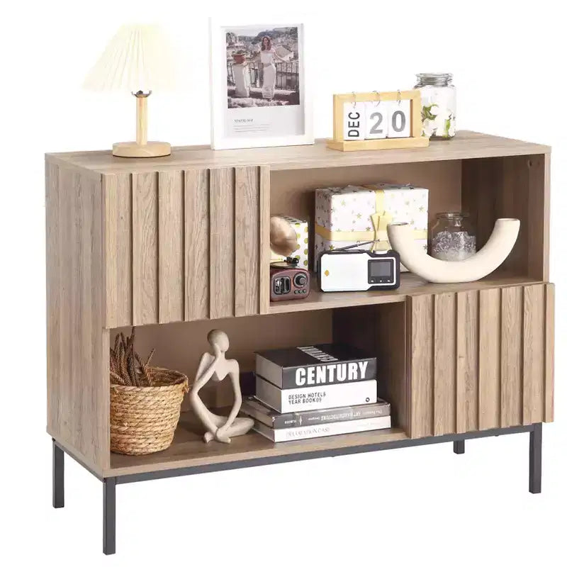 Farmhouse Entryway Table, Stylish Buffet Storage Cabinet with Display Shelf and Metal Legs, for Living Room, Hallway, Black+Oak