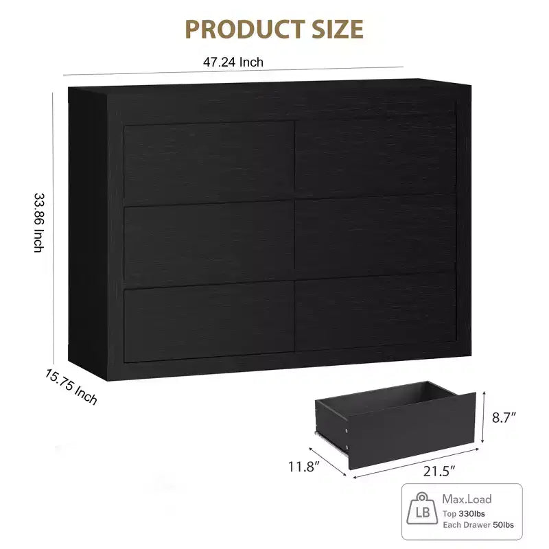 6-Drawer Wide Dresser with Storage, Wooden Closet Storage Chest for Bedroom, Living Room or Entryway