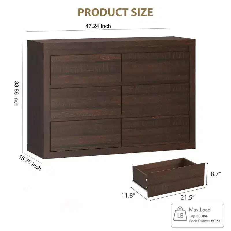 6-Drawer Wide Dresser with Storage, Wooden Closet Storage Chest for Bedroom, Living Room or Entryway