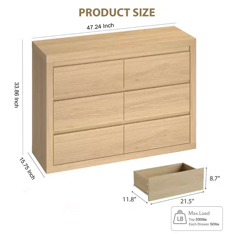 6-Drawer Wide Dresser with Storage, Wooden Closet Storage Chest for Bedroom, Living Room or Entryway