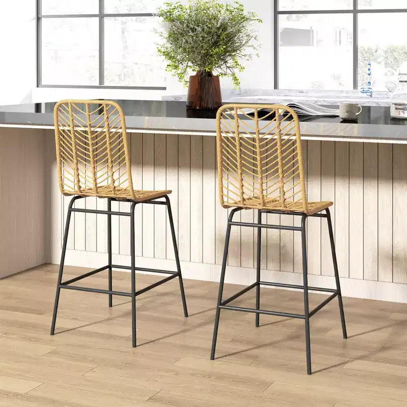 Set of 2 Rattan Barstools, Wicker Counter Stools with Steel Legs and Footrest, Yellow