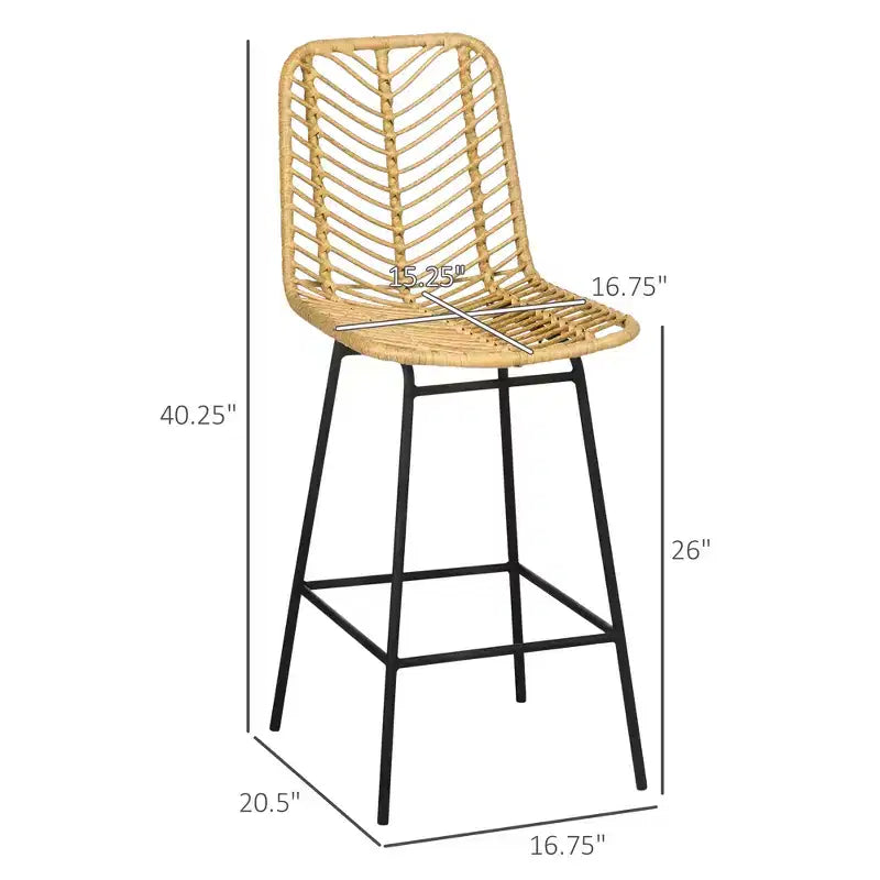 Set of 2 Rattan Barstools, Wicker Counter Stools with Steel Legs and Footrest, Yellow