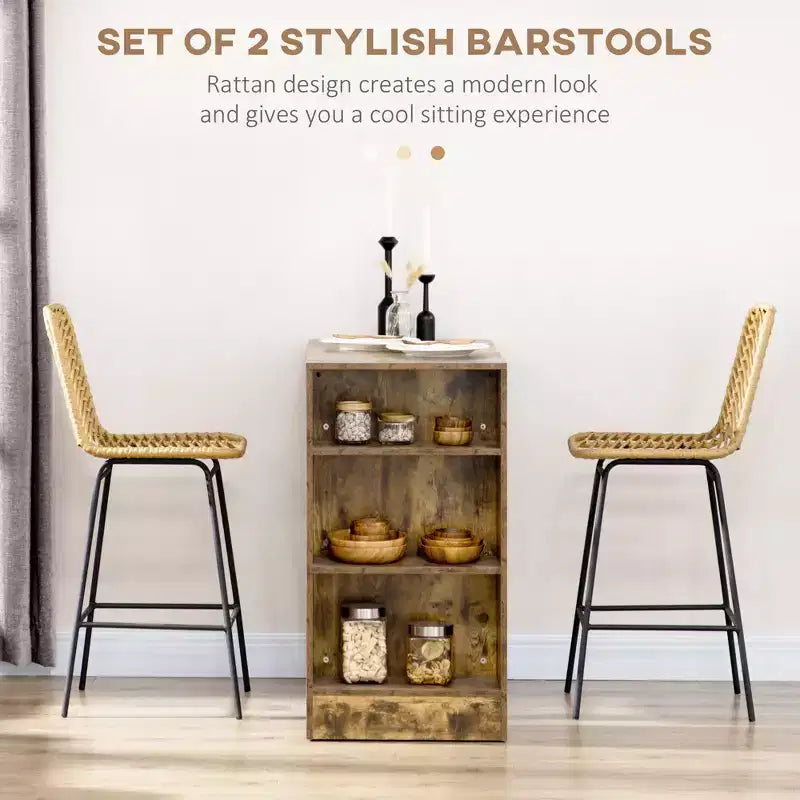Set of 2 Rattan Barstools, Wicker Counter Stools with Steel Legs and Footrest, Yellow