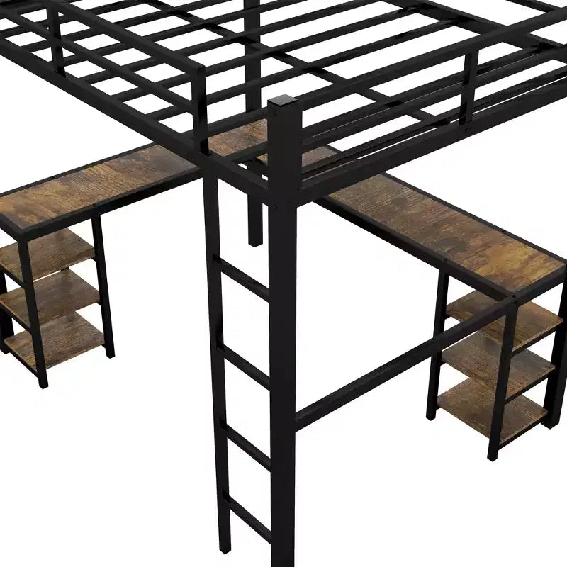 Full Metal Loft Bed with L-Shaped Desk and Shelves, Space-Saving with Ladder and Full Guardrails, Black/Vintage Wood