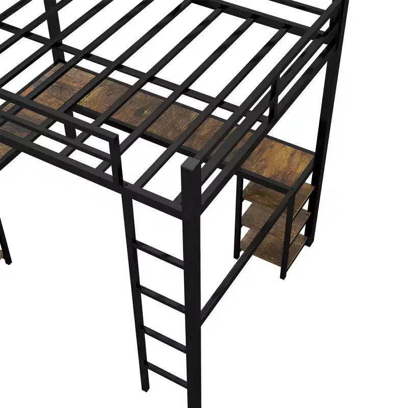 Full Metal Loft Bed with L-Shaped Desk and Shelves, Space-Saving with Ladder and Full Guardrails, Black/Vintage Wood