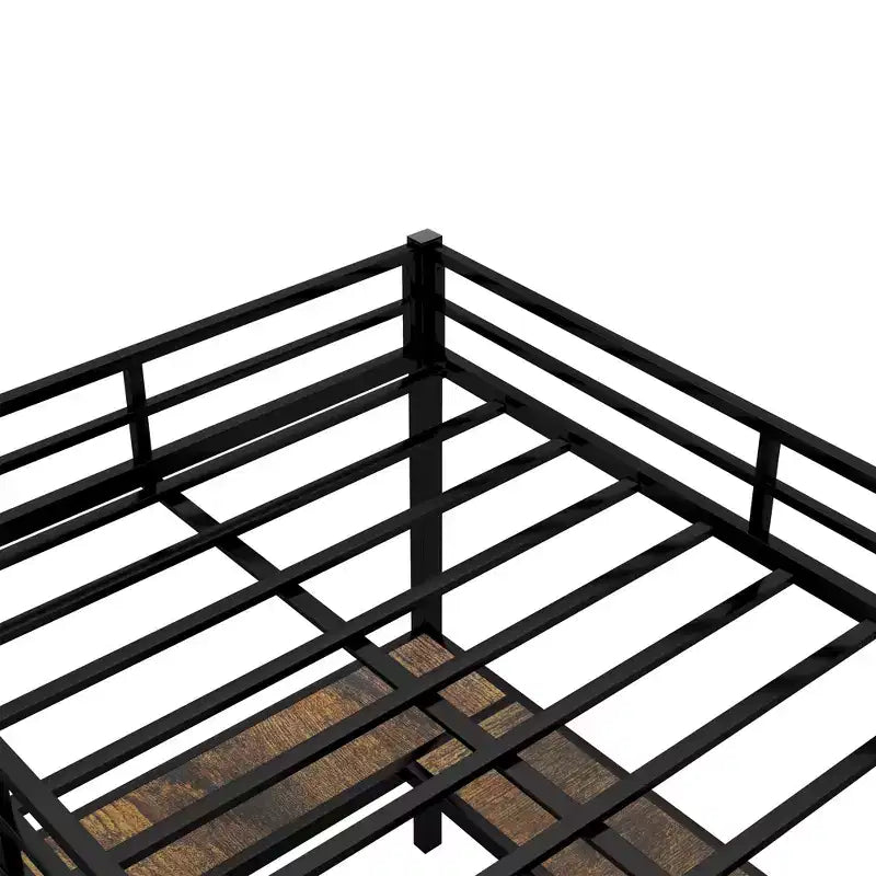 Full Metal Loft Bed with L-Shaped Desk and Shelves, Space-Saving with Ladder and Full Guardrails, Black/Vintage Wood