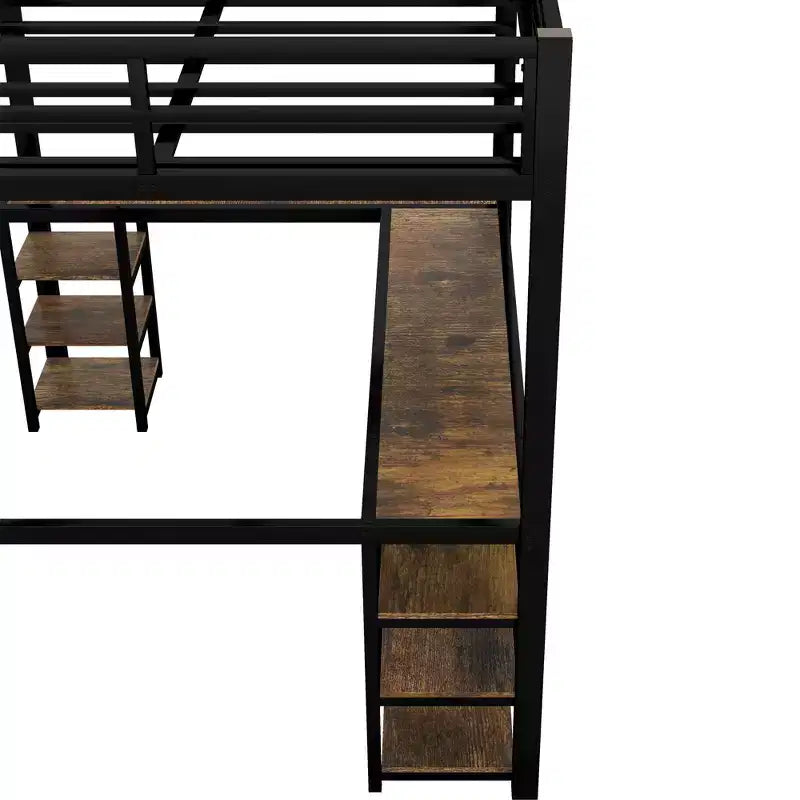 Full Metal Loft Bed with L-Shaped Desk and Shelves, Space-Saving with Ladder and Full Guardrails, Black/Vintage Wood