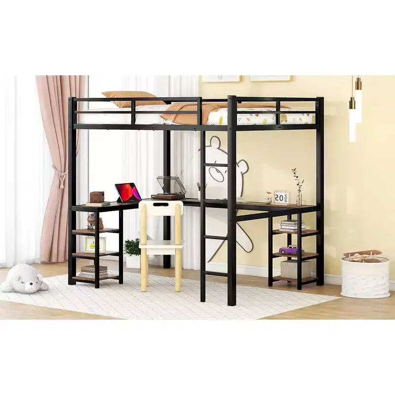 Full Metal Loft Bed with L-Shaped Desk and Shelves, Space-Saving with Ladder and Full Guardrails, Black/Vintage Wood
