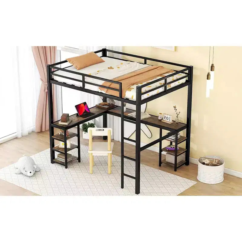 Full Metal Loft Bed with L-Shaped Desk and Shelves, Space-Saving with Ladder and Full Guardrails, Black/Vintage Wood