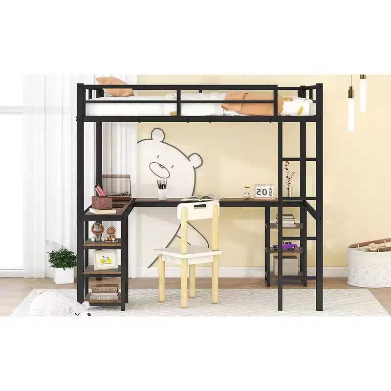 Full Metal Loft Bed with L-Shaped Desk and Shelves, Space-Saving with Ladder and Full Guardrails, Black/Vintage Wood