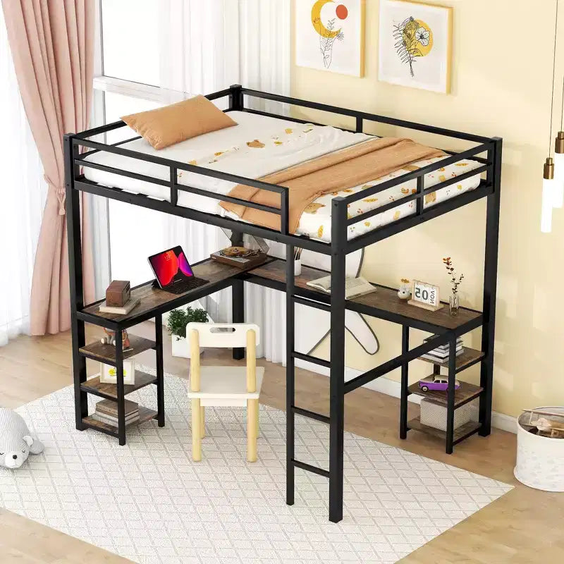 Full Metal Loft Bed with L-Shaped Desk and Shelves, Space-Saving with Ladder and Full Guardrails, Black/Vintage Wood