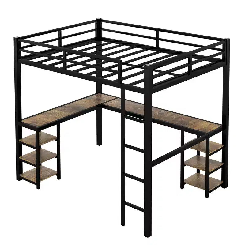 Full Metal Loft Bed with L-Shaped Desk and Shelves, Space-Saving with Ladder and Full Guardrails, Black/Vintage Wood