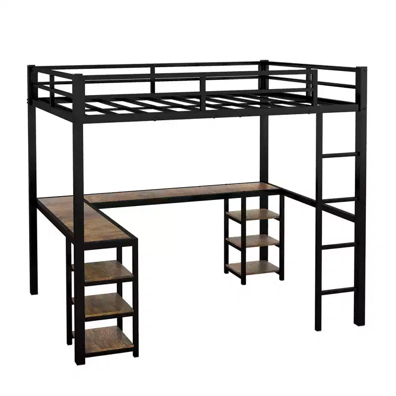 Full Metal Loft Bed with L-Shaped Desk and Shelves, Space-Saving with Ladder and Full Guardrails, Black/Vintage Wood