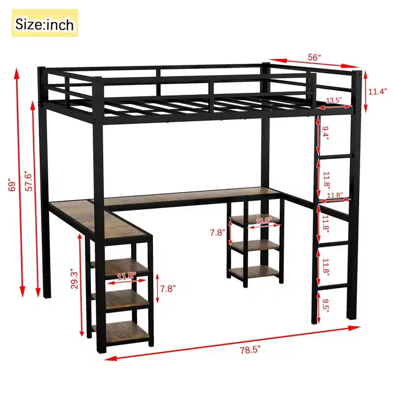 Full Metal Loft Bed with L-Shaped Desk and Shelves, Space-Saving with Ladder and Full Guardrails, Black/Vintage Wood