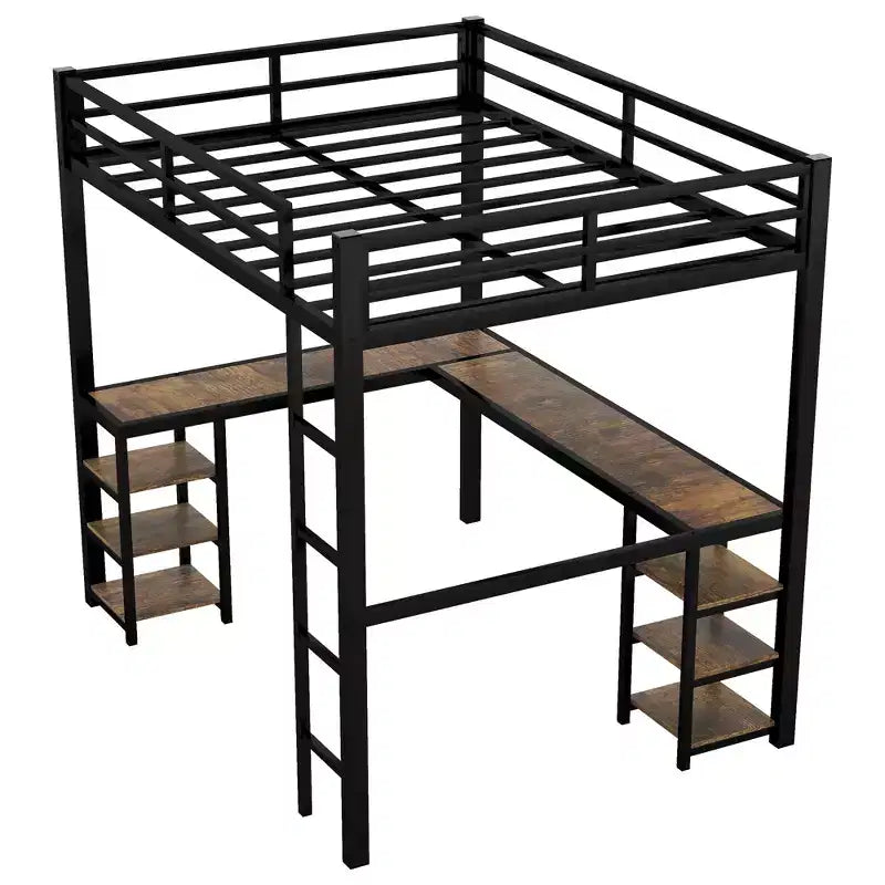 Full Metal Loft Bed with L-Shaped Desk and Shelves, Space-Saving with Ladder and Full Guardrails, Black/Vintage Wood