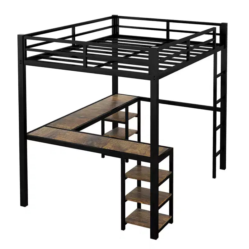 Full Metal Loft Bed with L-Shaped Desk and Shelves, Space-Saving with Ladder and Full Guardrails, Black/Vintage Wood