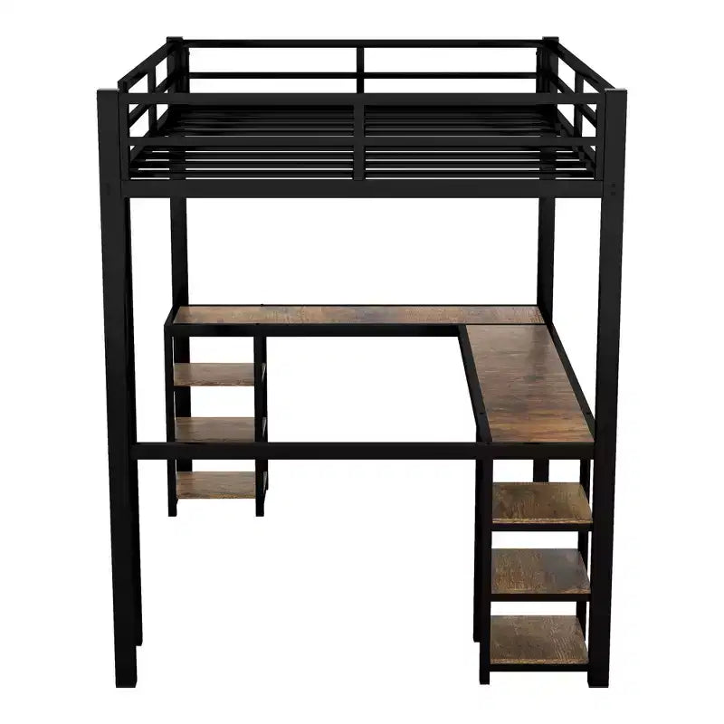 Full Metal Loft Bed with L-Shaped Desk and Shelves, Space-Saving with Ladder and Full Guardrails, Black/Vintage Wood
