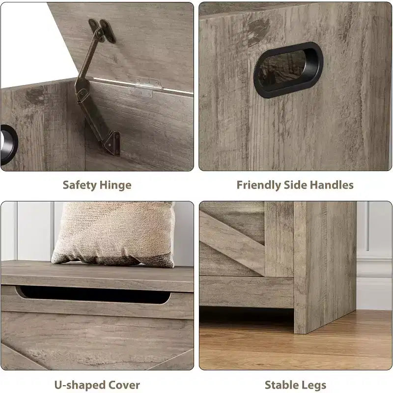 30 Inch Wooden Storage Bench with Safety Hinge, Large Shoe Storage Chest, Easy Assembly, Versatile Entryway, Living Room and Bedroom