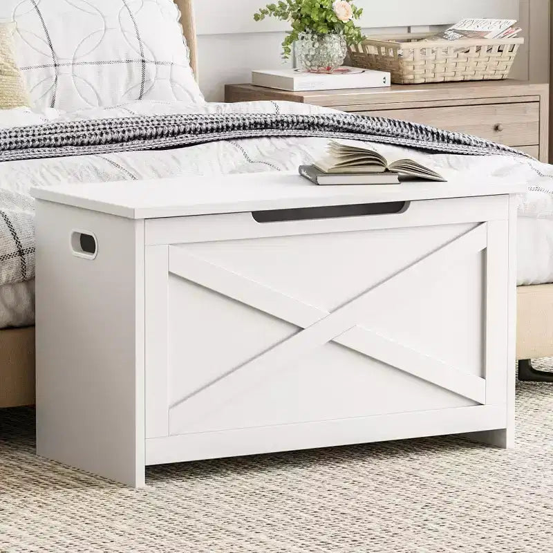 30 Inch Wooden Storage Bench with Safety Hinge, Large Shoe Storage Chest, Easy Assembly, Versatile Entryway, Living Room and Bedroom