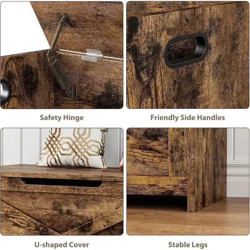 30 Inch Wooden Storage Bench with Safety Hinge, Large Shoe Storage Chest, Easy Assembly, Versatile Entryway, Living Room and Bedroom