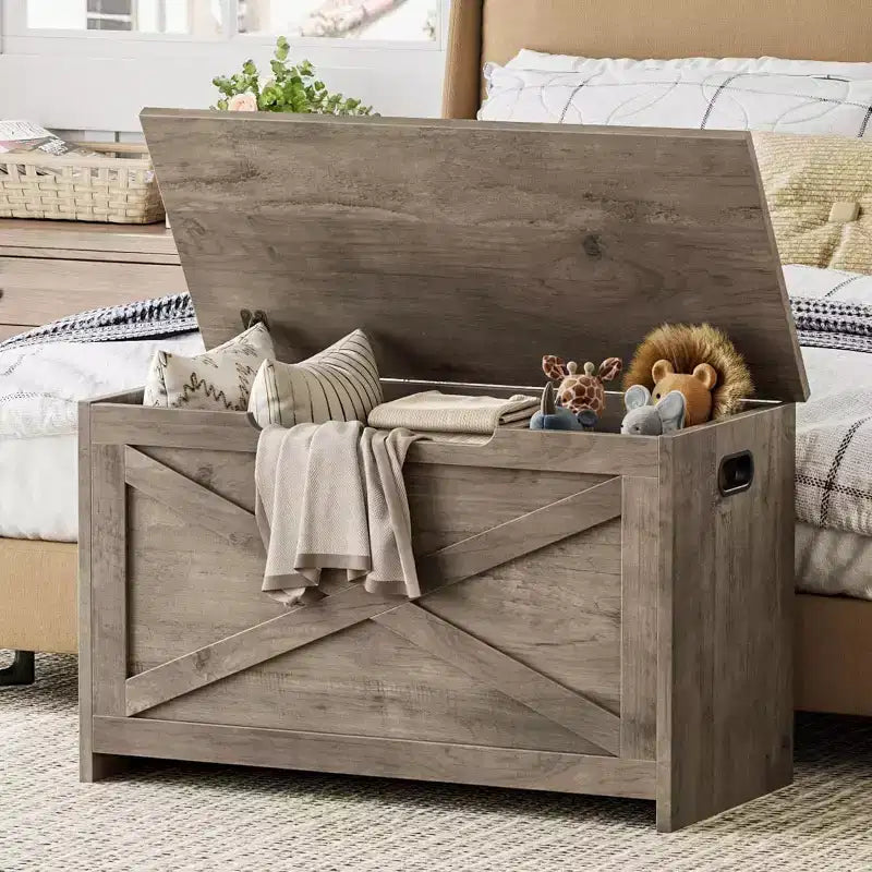 30 Inch Wooden Storage Bench with Safety Hinge, Large Shoe Storage Chest, Easy Assembly, Versatile Entryway, Living Room and Bedroom
