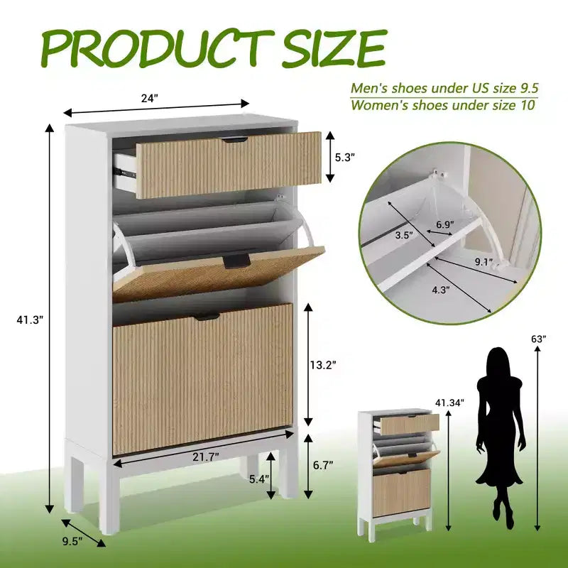 Fluted Shoe Cabinet with 2 Flip Drawers, Freestanding Hidden Slim Narrow Shoe Rack with Adjustable Shelves for Entryway