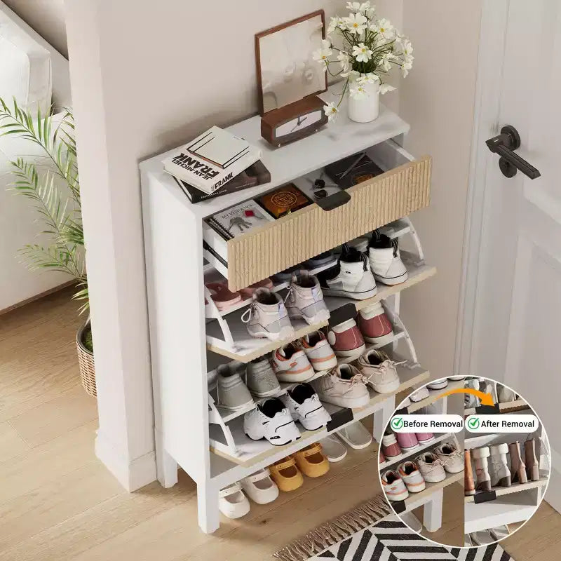 Fluted Shoe Cabinet with 2 Flip Drawers, Freestanding Hidden Slim Narrow Shoe Rack with Adjustable Shelves for Entryway