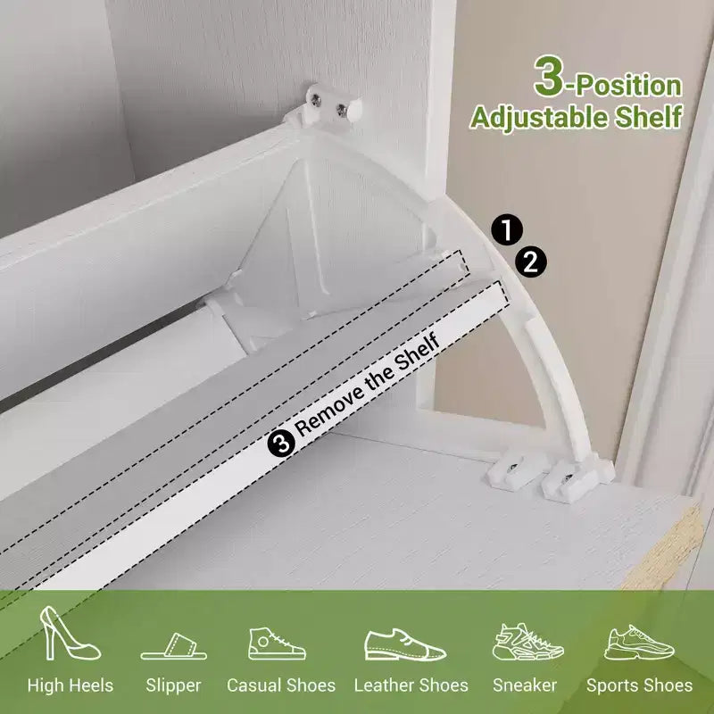 Fluted Shoe Cabinet with 2 Flip Drawers, Freestanding Hidden Slim Narrow Shoe Rack with Adjustable Shelves for Entryway