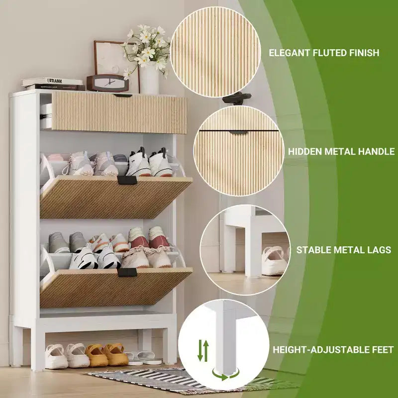 Fluted Shoe Cabinet with 2 Flip Drawers, Freestanding Hidden Slim Narrow Shoe Rack with Adjustable Shelves for Entryway