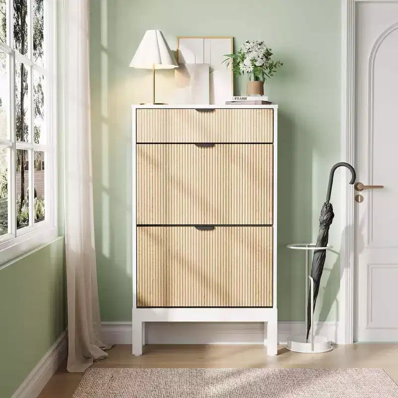 Fluted Shoe Cabinet with 2 Flip Drawers, Freestanding Hidden Slim Narrow Shoe Rack with Adjustable Shelves for Entryway