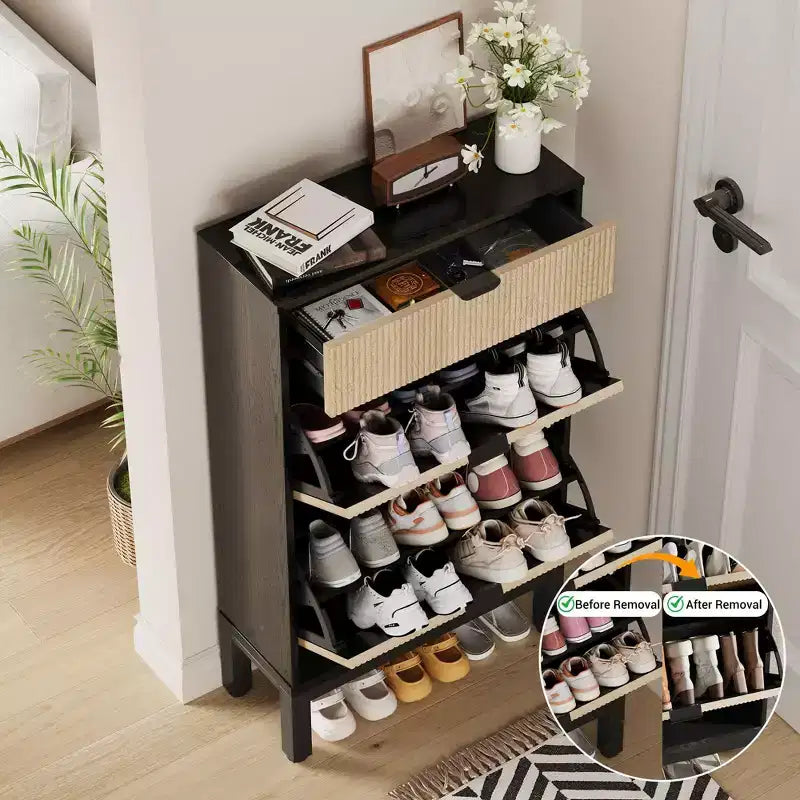 Fluted Shoe Cabinet with 2 Flip Drawers, Freestanding Hidden Slim Narrow Shoe Rack with Adjustable Shelves for Entryway