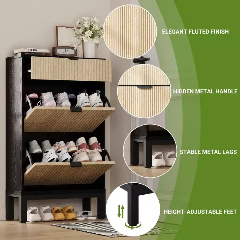 Fluted Shoe Cabinet with 2 Flip Drawers, Freestanding Hidden Slim Narrow Shoe Rack with Adjustable Shelves for Entryway