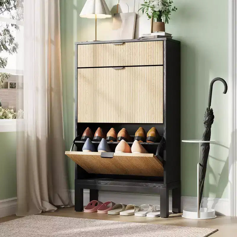 Fluted Shoe Cabinet with 2 Flip Drawers, Freestanding Hidden Slim Narrow Shoe Rack with Adjustable Shelves for Entryway
