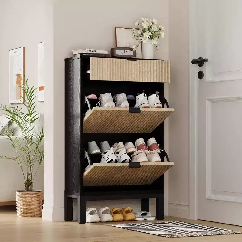 Fluted Shoe Cabinet with 2 Flip Drawers, Freestanding Hidden Slim Narrow Shoe Rack with Adjustable Shelves for Entryway