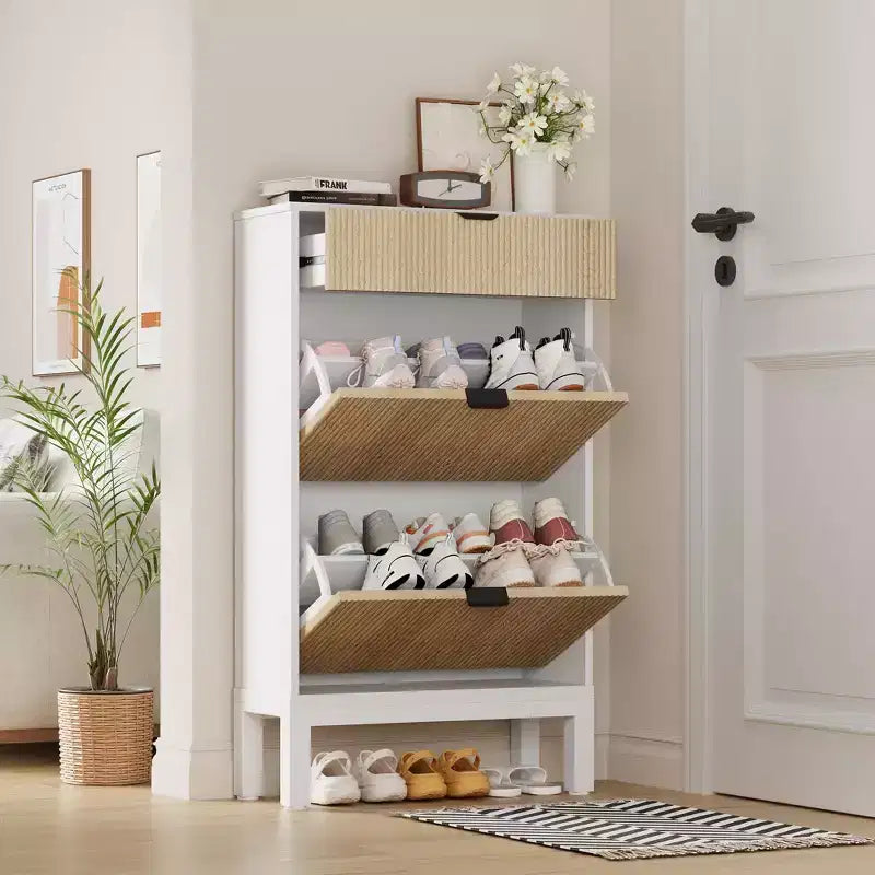 Fluted Shoe Cabinet with 2 Flip Drawers, Freestanding Hidden Slim Narrow Shoe Rack with Adjustable Shelves for Entryway