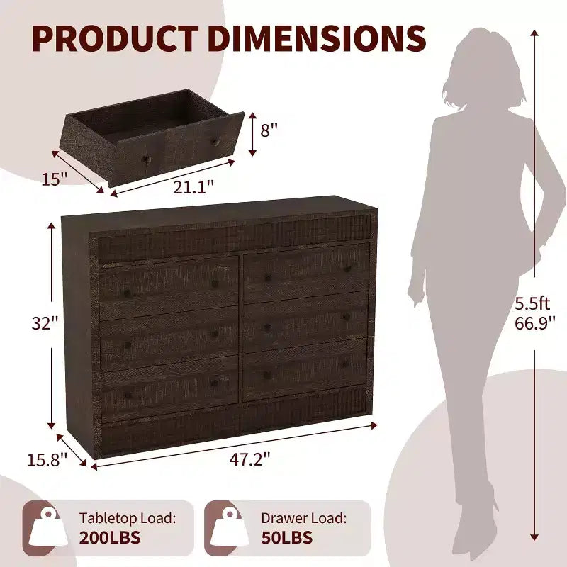 Modern Fluted 6-Drawer Chest of Drawers, Wooden Storage Organizer for Bedroom or Living Room