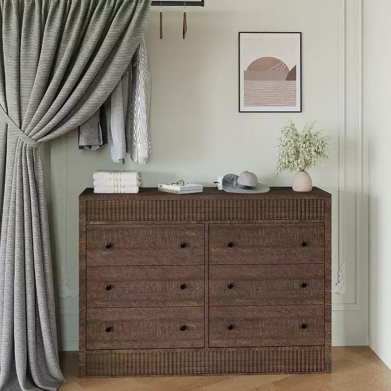 Modern Fluted 6-Drawer Chest of Drawers, Wooden Storage Organizer for Bedroom or Living Room