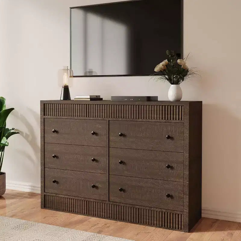 Modern Fluted 6-Drawer Chest of Drawers, Wooden Storage Organizer for Bedroom or Living Room