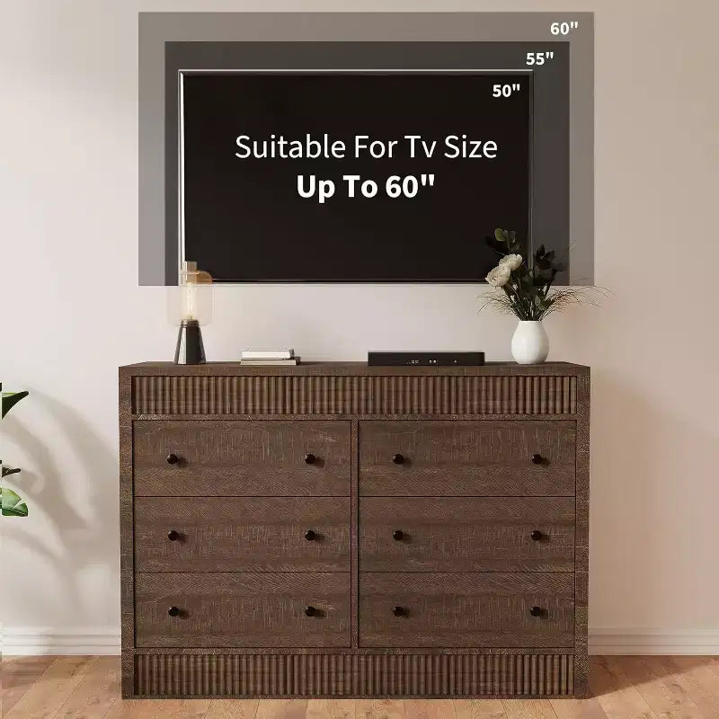 Modern Fluted 6-Drawer Chest of Drawers, Wooden Storage Organizer for Bedroom or Living Room