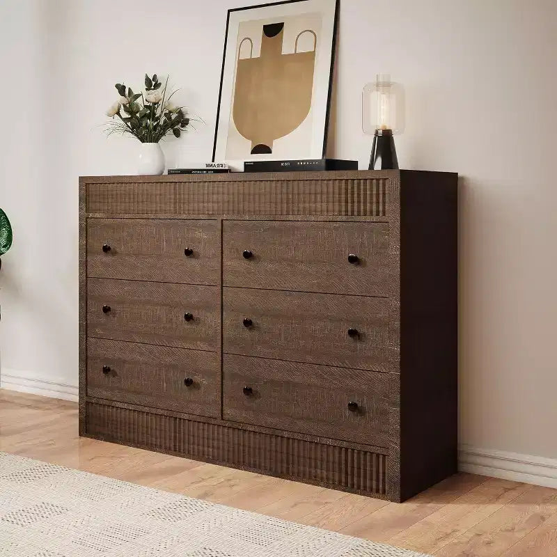 Modern Fluted 6-Drawer Chest of Drawers, Wooden Storage Organizer for Bedroom or Living Room