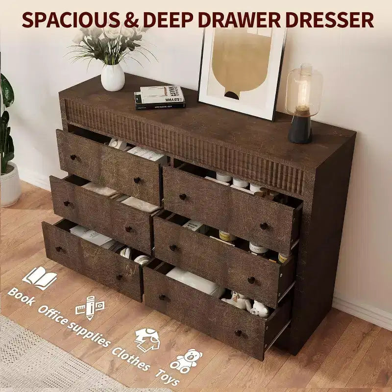 Modern Fluted 6-Drawer Chest of Drawers, Wooden Storage Organizer for Bedroom or Living Room