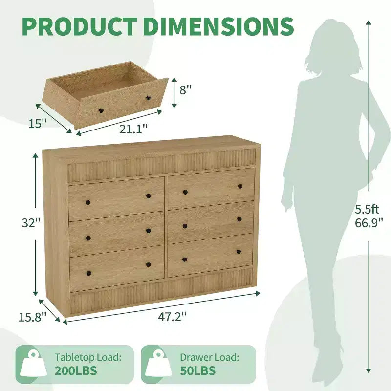 Modern Fluted 6-Drawer Chest of Drawers, Wooden Storage Organizer for Bedroom or Living Room